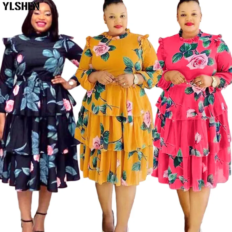 

African Women Printed Dresses Long Sleeves Bowtie Cake Dress Female Ruffles Pleated Fashion Lovely Date Sweet Vestidos Plus Size