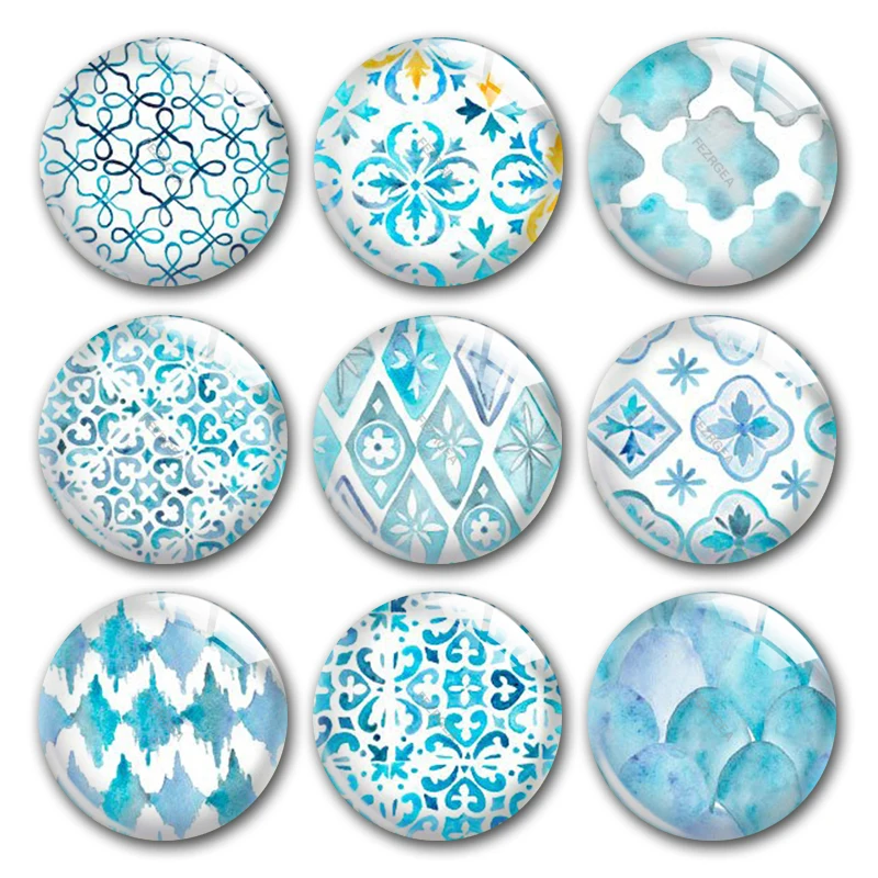 Handmade Blue Watercolor Geometric Pattern Round Photo Glass Cabochons Demo Flat Back DIY Jewelry Making Findings Accessory | Украшения и