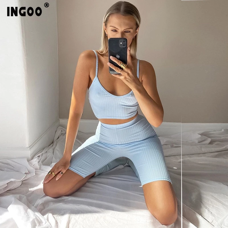 Летний спортивный костюм INGOO с открытой спиной женский укороченный топ на