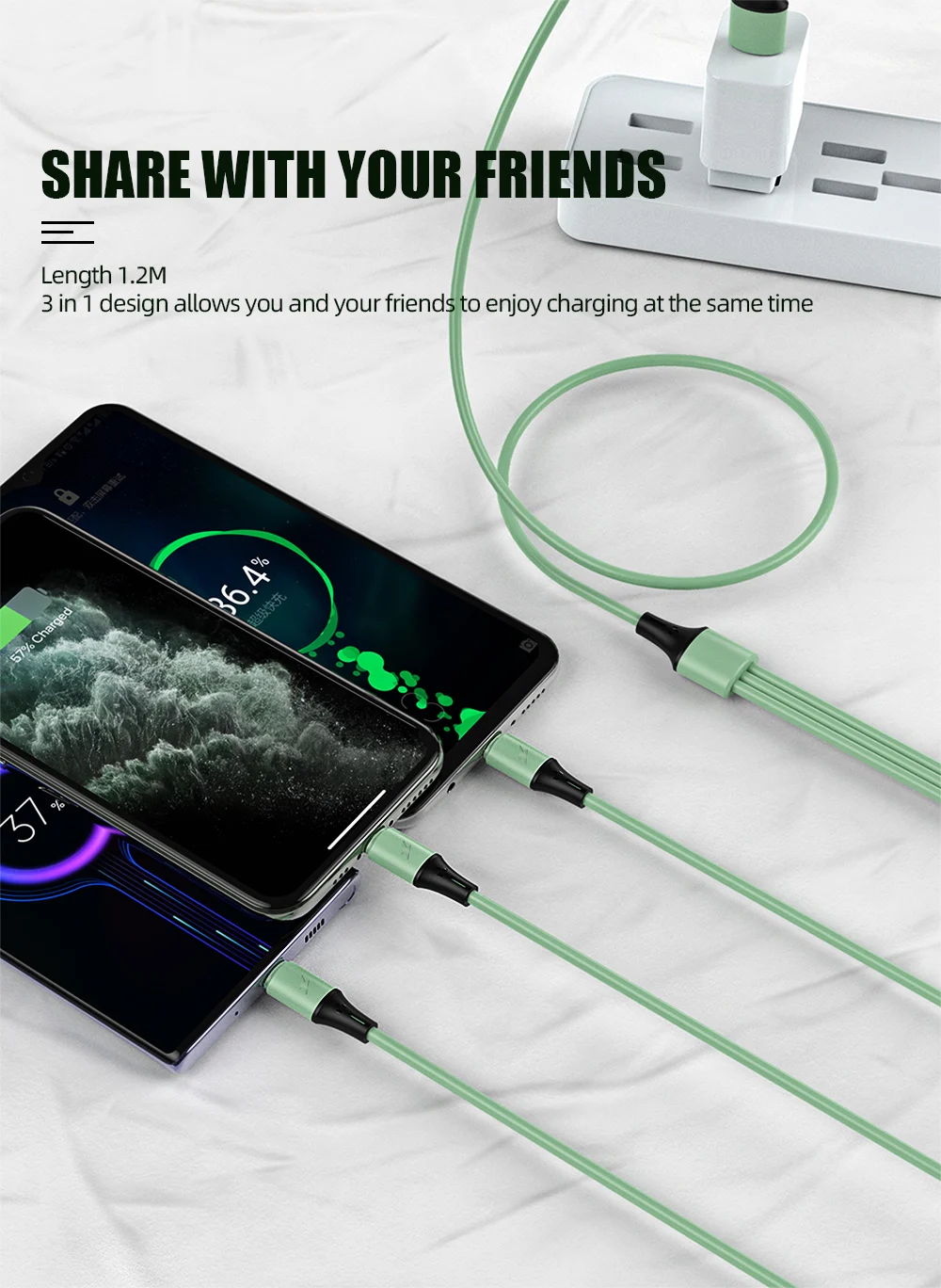 !ACCEZZ 3 in 1 USB Cable For iPhone 11 XS Pro Max 8 Plus Samsung S10 Xiaomi Redmi Note 5 USB C 8 Pin Android Charging Cable Cord (5)