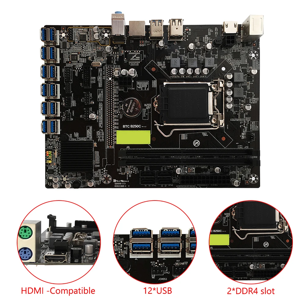 FairOnly B250 BTC Mainboard LGA1151 CPU DDR4 Memory 12 Card USB3.0 Expansion Adapter Desktop Computer Motherboard