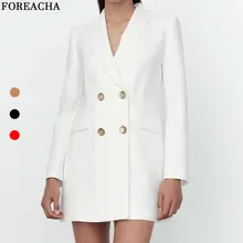 

foreacha Women White Blazer Double Breasted Long Sleeves With Pronounced Shoulders Office Chic jacket Spring Autumn Khaki Blazer