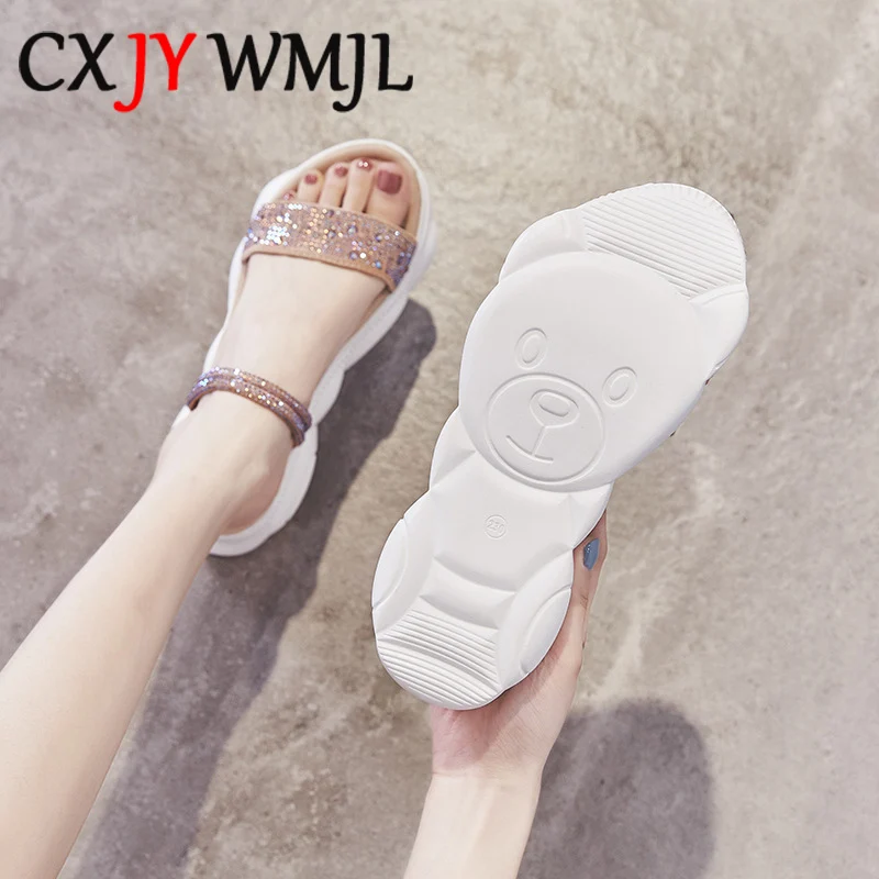 

Women Rhinestones Platform Sandals Fashion Female Wedge Sandal Summer 2 Wear Type Roman Shoes Comfortable Thick Bottom Shoe Flat