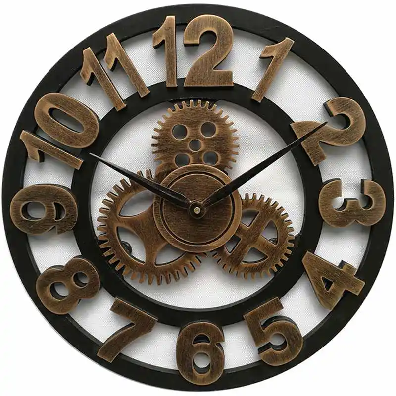 

Hot Sale Clock 3D Retro Rustic Vintage Wooden 23-Inch Noiseless Gear Wall Clock Number ancient gold