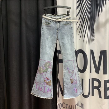 

Trend Beads Denim Pants for Woman 2020 Spring New High Waist Slimming Holes Hot Drilled Flare Trousers Elegant Stretchy Pants