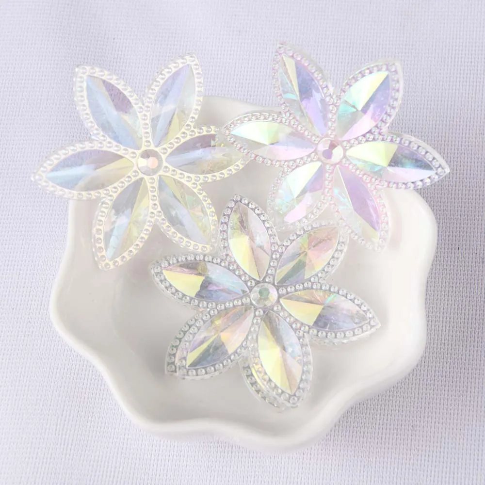 

BOLIAO 5Pcs 46mm Transparent Big Flower Shape AB Color Acryl Flat Back Glue on Bags/Wedding Dress Decoration Craft DIY R275