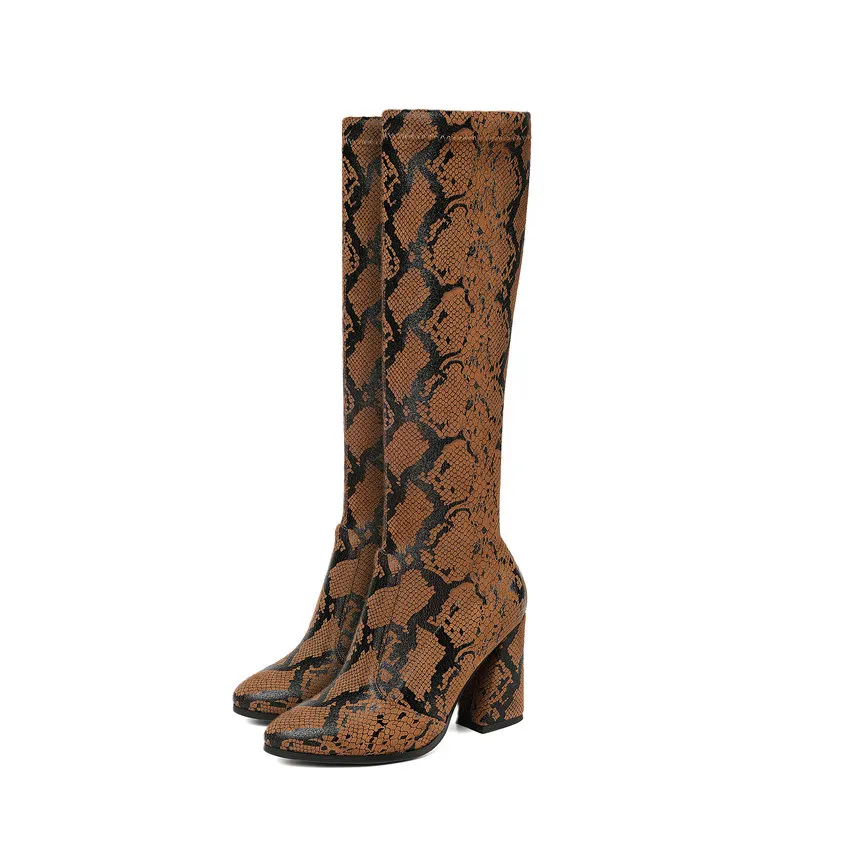 Brown ENMAYER Slip-On Stretch Fabric Knee High Boots Women Shoes Csaual Hoof Heels Basic PU Winter Boots Women Size 34-43 - Цвет: Brown