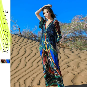 

Women Ethnic Print Maxi Dress Ladies V Neck Three Quarter Bohemian Beach Long Dresses Female Party Sundress