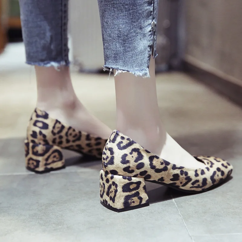 

Shoes Women's 2019 Autumn New Style Low-Cut Versatile Korean-style Fashion Semi-high Heeled Work Shoe-Leopord Pattern WOMEN'S Sh