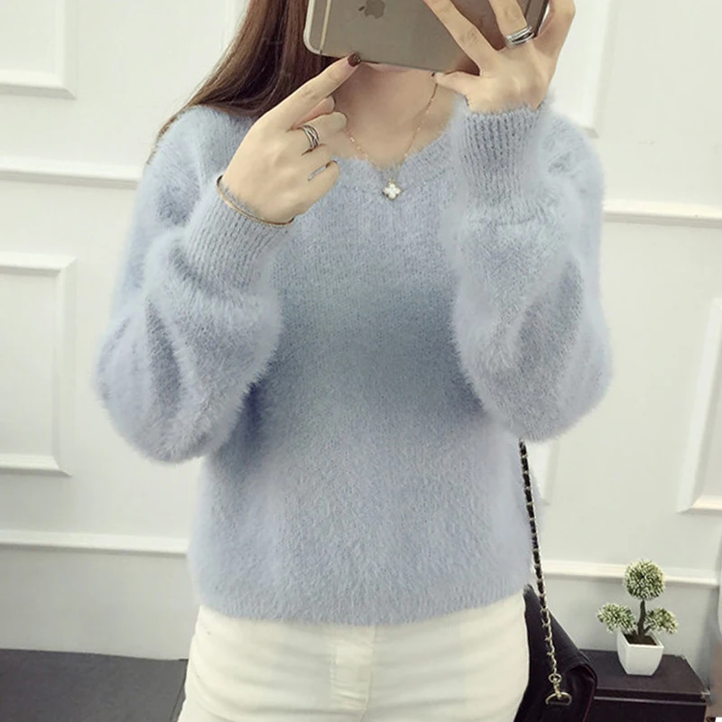 

2019 New Mohair Women Autumn Winter Sweater O-neck Knitted Short Ladies Pull Femme Pullover 6 Colors High Quality