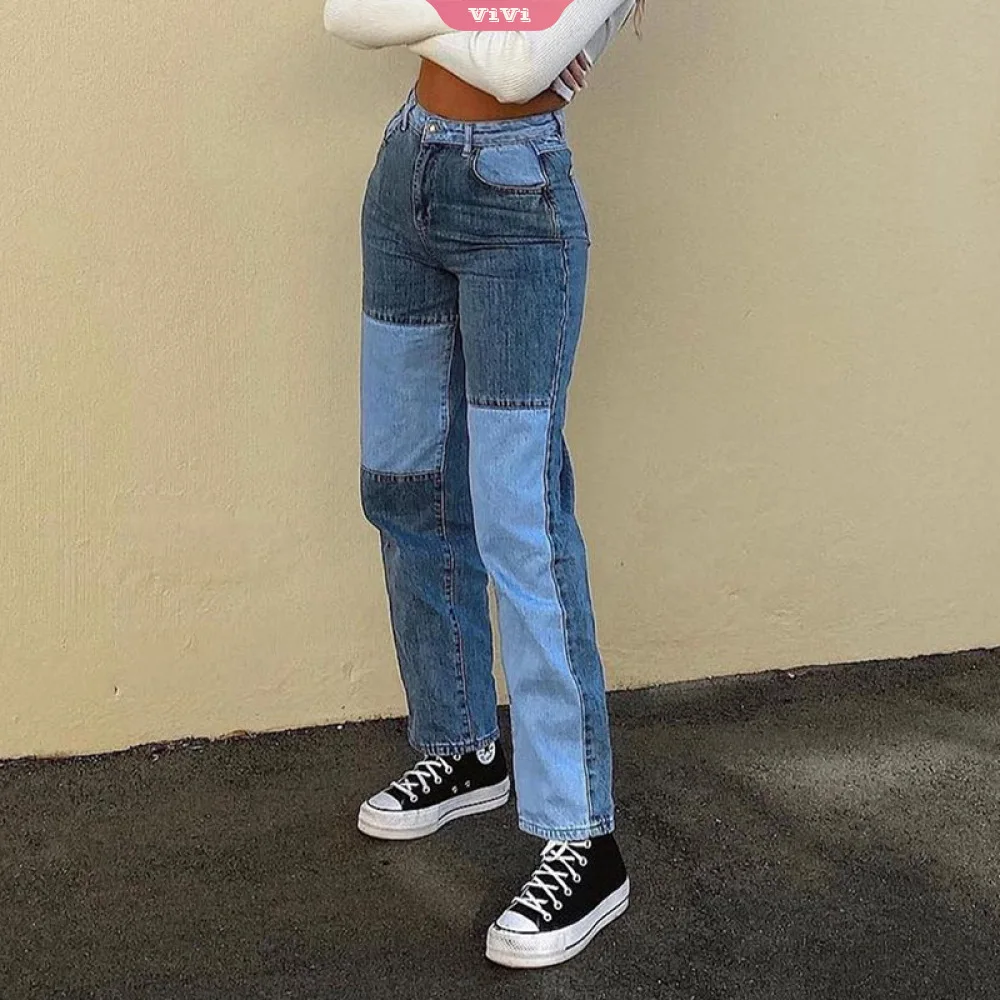 Patchwork High Waist Straight Leg Pants 
