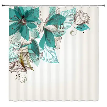 

Turquoise Shower Curtain Set, Flowers Buds Leaf at The Top Left Corner Retro Art Festive Season Celebrating Theme, Bathroom