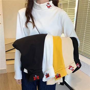 

Santa Claus Embroidery Tshirts Cartoon Print Funny Christmas Shirts Turtleneck Long Sleeve Top Tees Casual Cotton Harajuku W280