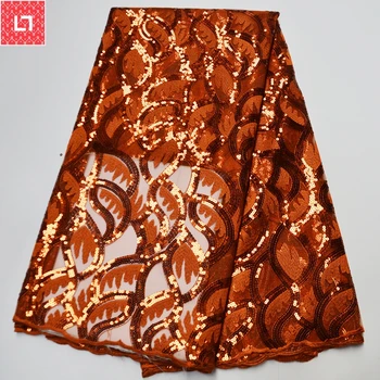 

CS- Orange African Lace Fabric With Sequins 2020 Latest Fabric High Quality Velvet Tulle Sequins Lace Fabric Dress wholesale