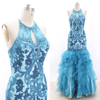 

MACloth Sky Blue Mermaid Halter Floor-Length Long Crystal Tulle Prom Dresses Dress M 269196 Clearance