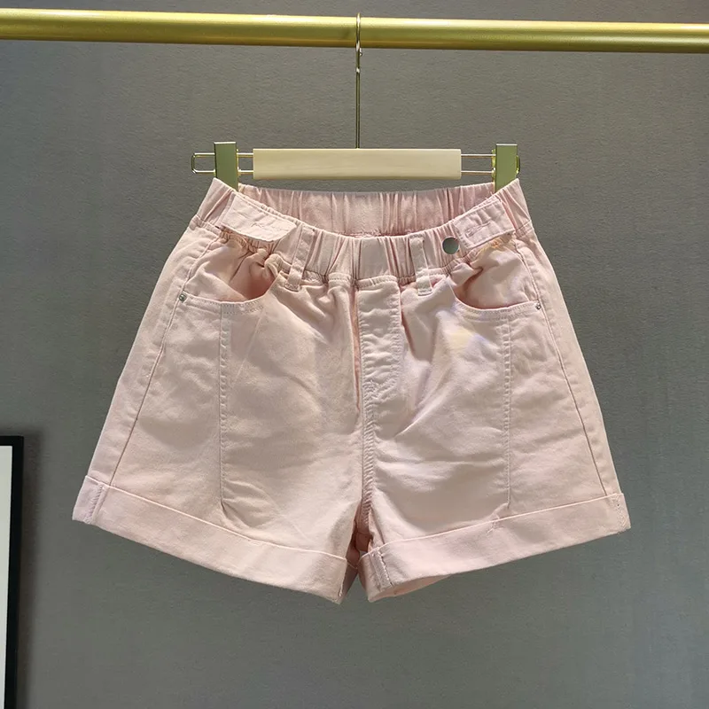 

2020 Summer Jean Shorts for Women New Elastic Waist Loose Thin Pink Denim Shorts Female White Wide Leg Pants Jeans Shorts
