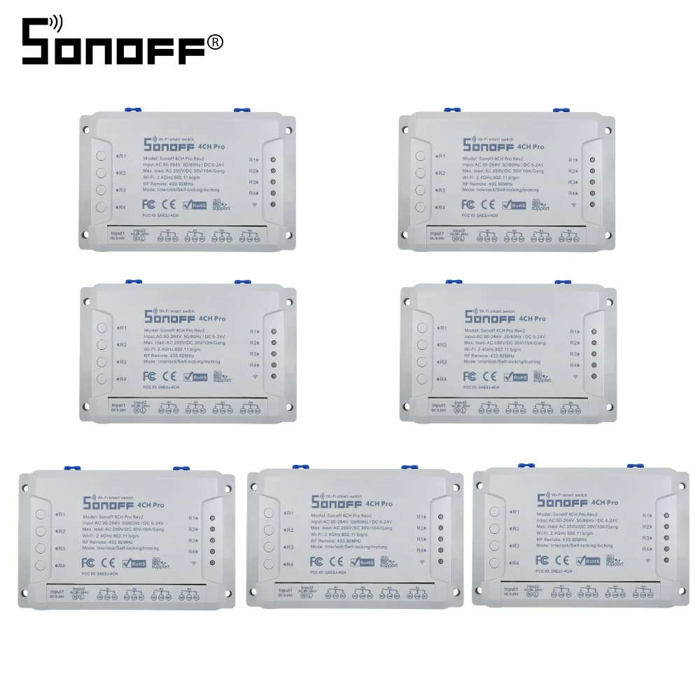 SONOFF 4ch pro r2 4 канала/банда 10A wifi RF 433 МГц пульт дистанционного управления самоблокирующийся блокировочный интерлок инчинг реле умный переключатель Google Home - Bundle: 7pcs