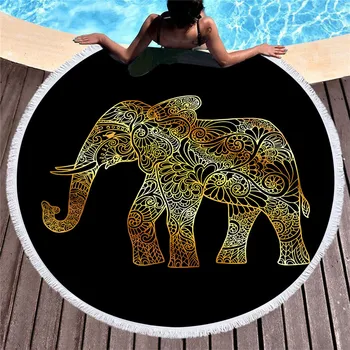 

Elephant Round Beach Towel Colorful Animal Microfiber Beach Towel Bohemian Tassel Tapestry Summer Yoga Mat