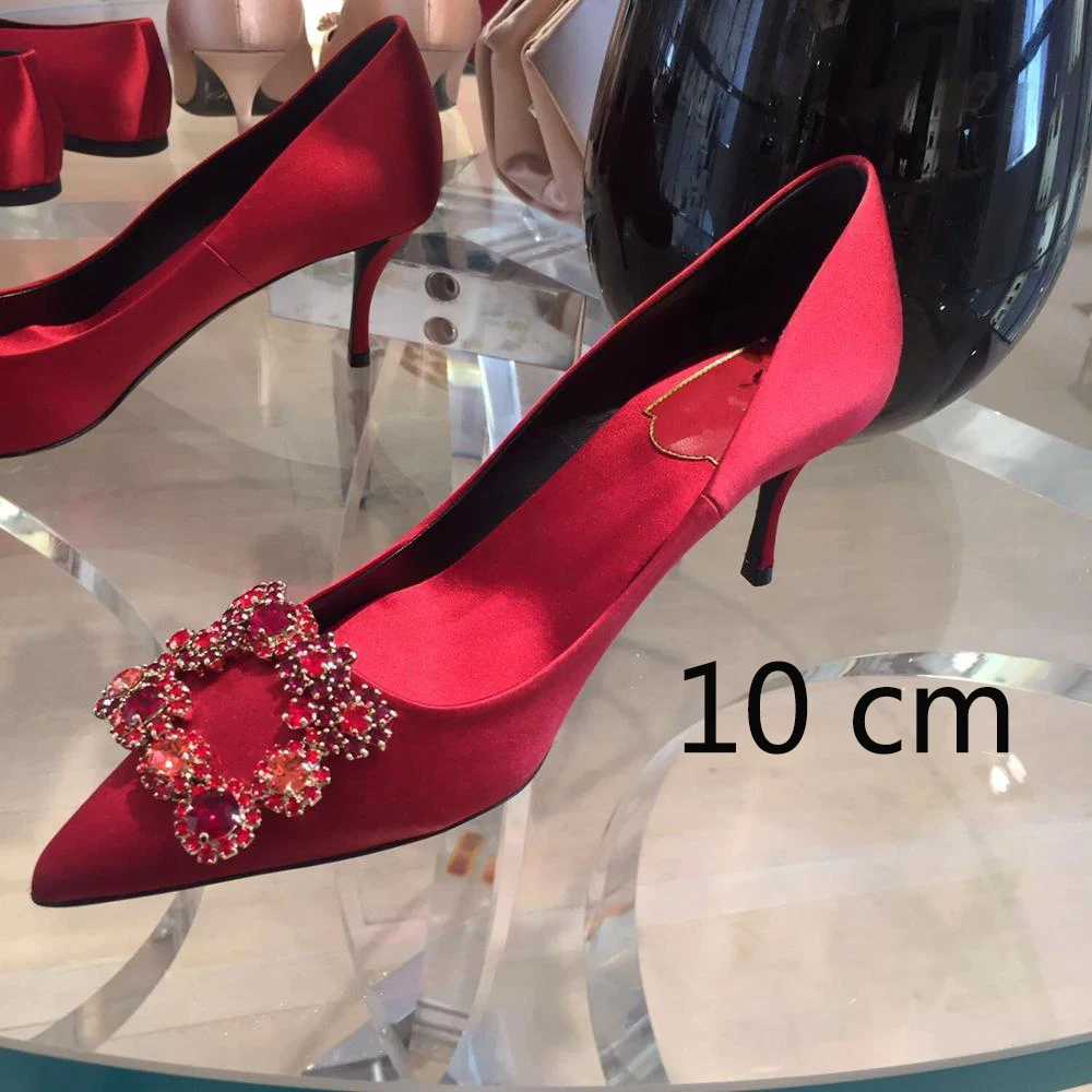 10cm red Люксовый бренд высокая обувь на каблуке женские туфли-лодочки на высоком каблуке с модные классические Стразы с квадратной пряжкой; Свадебная обувь с украшением женские туфли-лодочки mujer - Цвет: 10cm red
