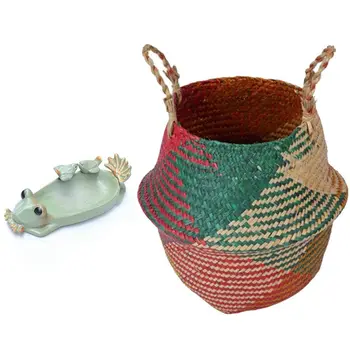 

1 Pcs Ceramic Frog Bird Feeder Succulent Planters Flower Pots & 1 Pcs Natural Hand Woven Rattan Wicker Basket Vase Pot