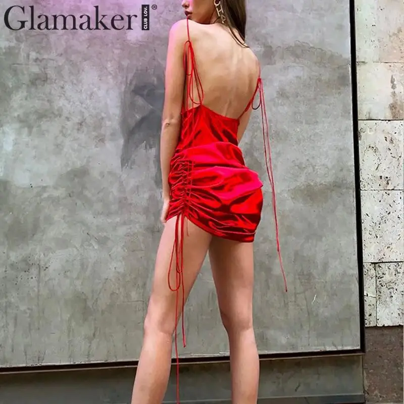 Glamaker атласное платье с открытыми плечами и тонкими бретельками, женское элегантное мини-платье на завязках, женское осенне-зимнее сексуальное платье с открытой спиной