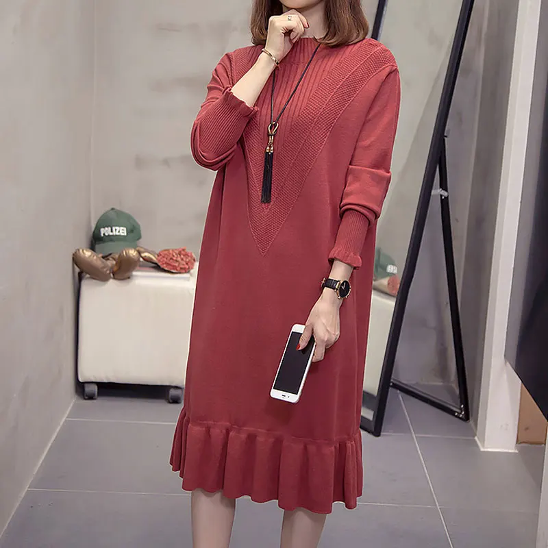 

Women Knitted Sweaters Dresses Women High Waist Sweater Dress Plus Size Loose Long Sleeve Ladies Sweater Dresses