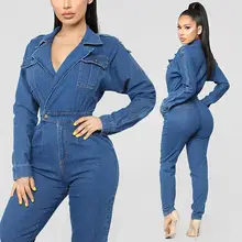 Denim Women Jumpsuits Casual V Neck Slim Long Sleeve Pocket Rompers Fashion Overalls Monos de Fiesta 2020 New Hot Drop Shipping