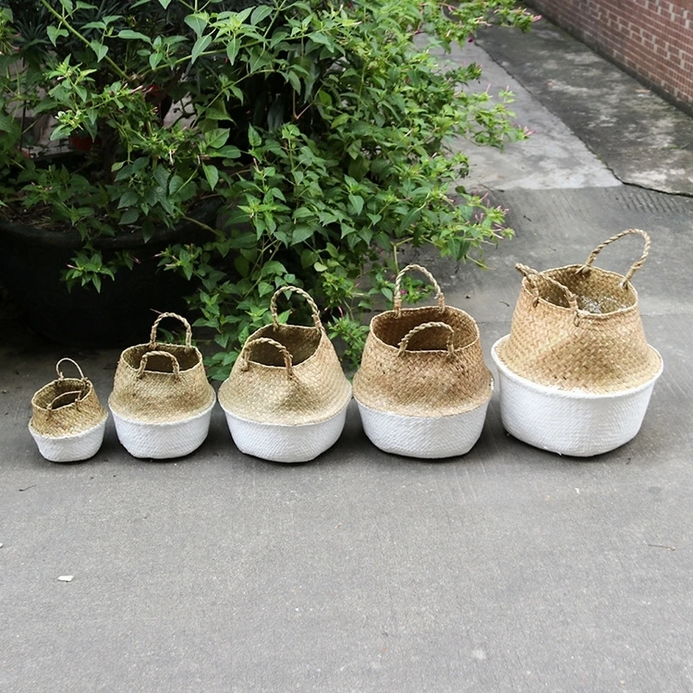 Handmade Storage Baskets Bamboo Foldable Laundry Straw Patchwork Wicker Rattan Seagrass Belly Garden Flower Pot Planter Basket