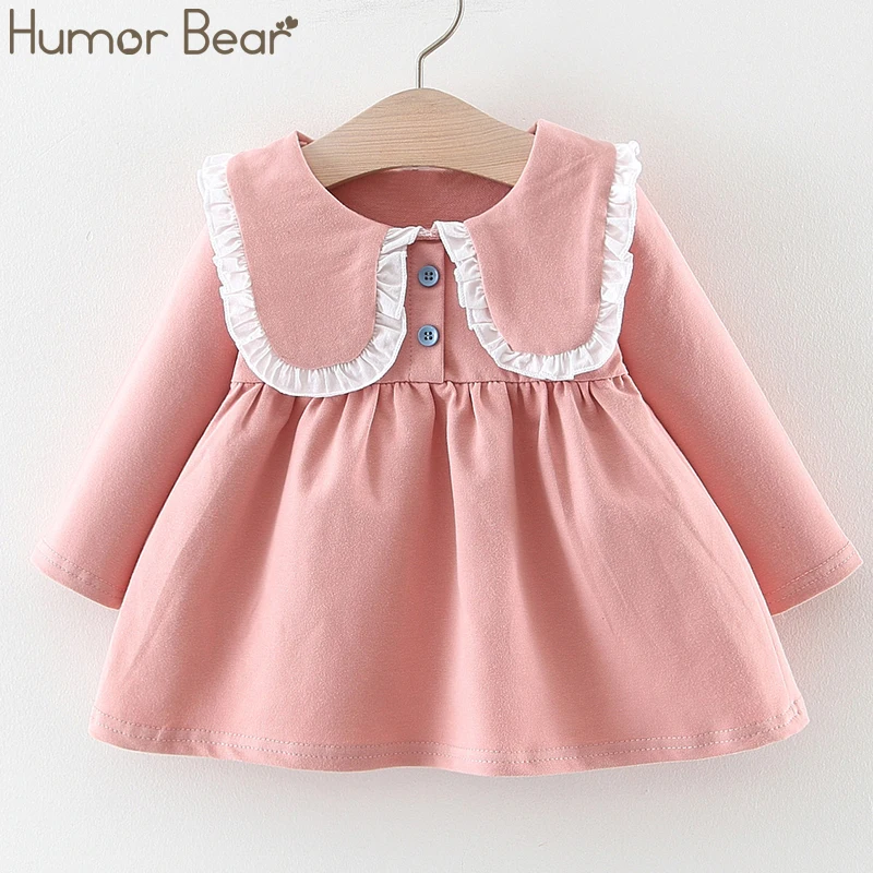 Humor Bear/Коллекция года, весенне-осеннее платье для девочек возрастом от 6 до 24 месяцев, Детские хлопковые платья с длинными рукавами и воротником с рюшами для маленьких девочек - Цвет: pink