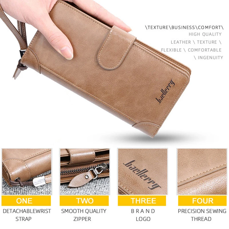 Baellerry Brand Luxury Men Wallet High-quality Leather Long Clutch Purses Buckle Zipper High Capacity Business Wallet