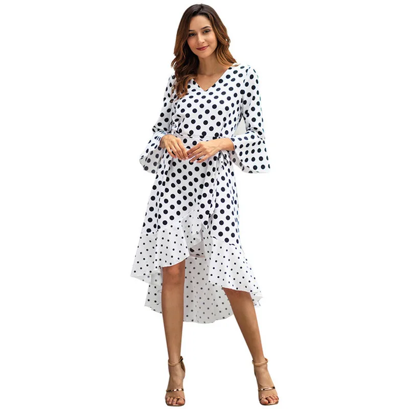 

Fashion Dress Women New Wave Point Seven-point Sleeve Dresses Woman Party Night Boho Style Women Clothes 2019 V-neck Women Dress