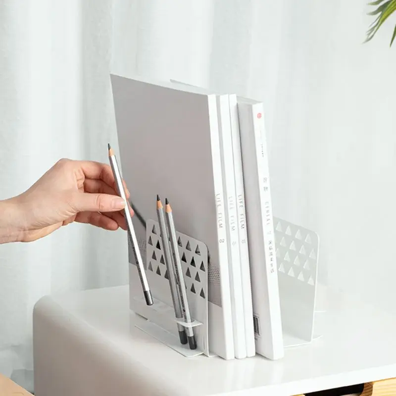 

2pcs Creative Metal Bookends Support Desktop Organizer Stand with Pen Holder