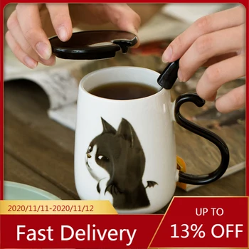 

600ML Ceramic Cat Cups with Lid Cute Animal Coffee Lovely Tea Milk Stave Bone China Cup with Handle steel spoon Mug Novelty Gift