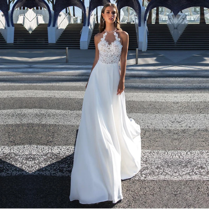 

Beaded Halter A-Line Chiffon Lace Wedding Dresses Sleeveless Bridal Dress Back Button Vestido De Noiva Custom Made