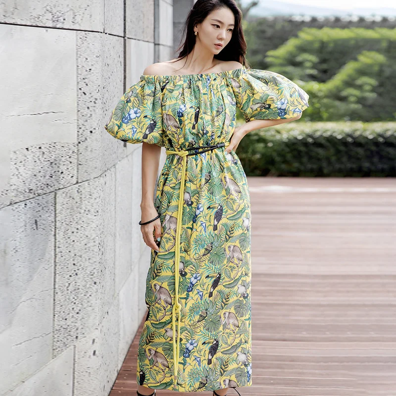 

Sashes Midi Dresses For Women Slash Neck Puff Short Sleeve High Waist Print Elegant Dresses Female Summer