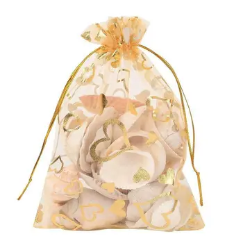 

100Pcs 9x12cm Sheer Drawstring Heart Organza Jewelry Pouches Wedding Party Christmas Favor Gift Bags (Gold)