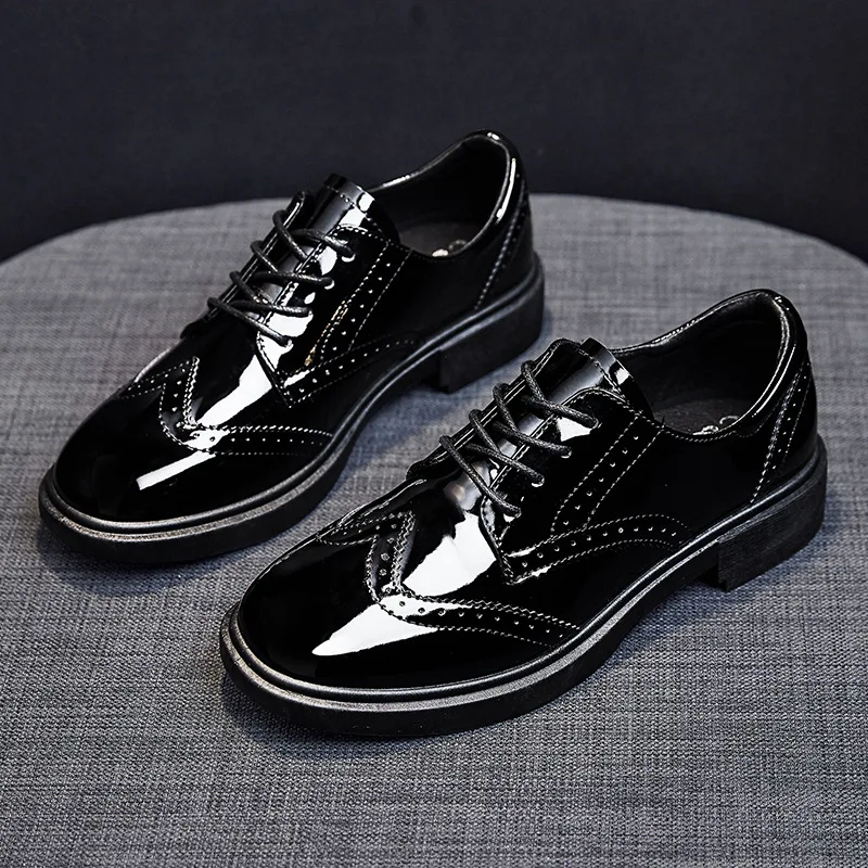 

[Combination-] Black And White with Pattern Small Leather Shoes Women's 2020 Four Seasons New Style Chunky-Heel College British
