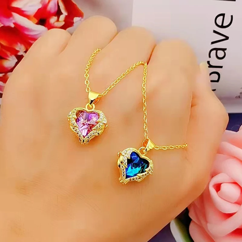 Pure Gold Color Blue/Pink Heart Pendant Necklace For Women /Girls,Wholesale  Price 24k Gold Plated Fashion Jewelry