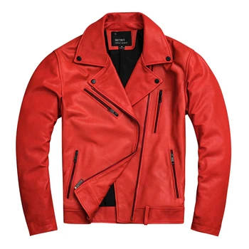 

2020 Red Men Autumn Slim Fit Biker's Jacket Plus Size XXXXL Genuine Sheepskin Russian Motorcycle Leather Coat