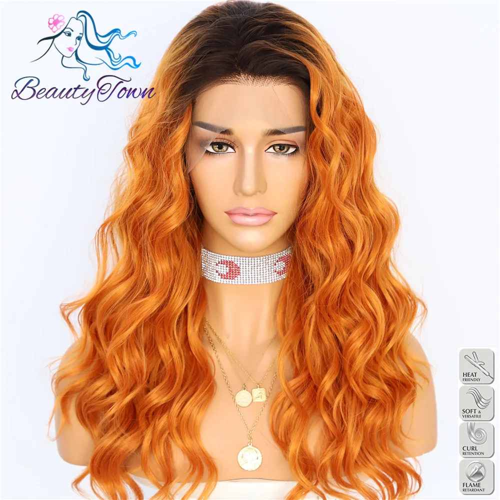 

BeautyTown 13x2.5 Short Heat Resistant Hair Dark Ombre Orange Hand Tied Daily Makeup Synthetic Lace Front Party Wig Holiday Gift