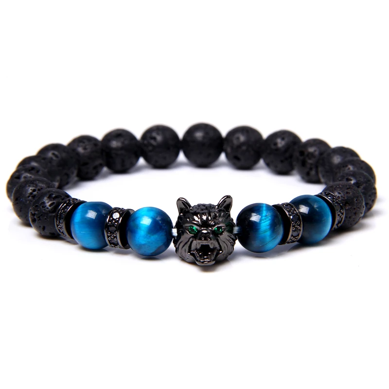 New Handmade 8mm Beaded Bracelet Men Natural Stone Blue Tiger Eye Beads Bracelet Black Wolf Head Charm Energy Bracelet Jewelry