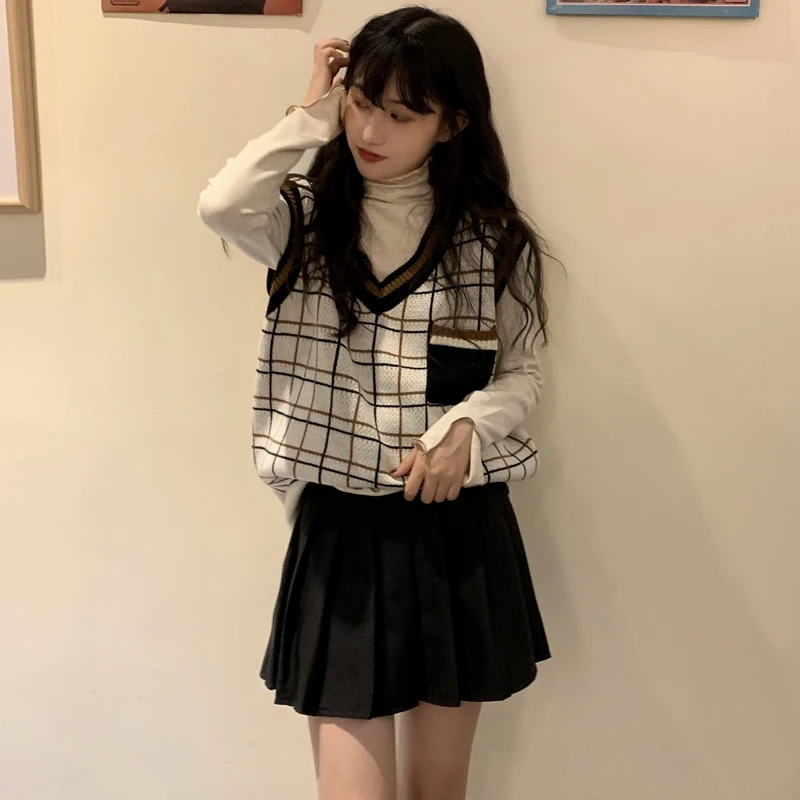2019 autumn preppy style sleeveless v neck plaid vest womens sweaters and pullovers tops (C9425) | Женская одежда