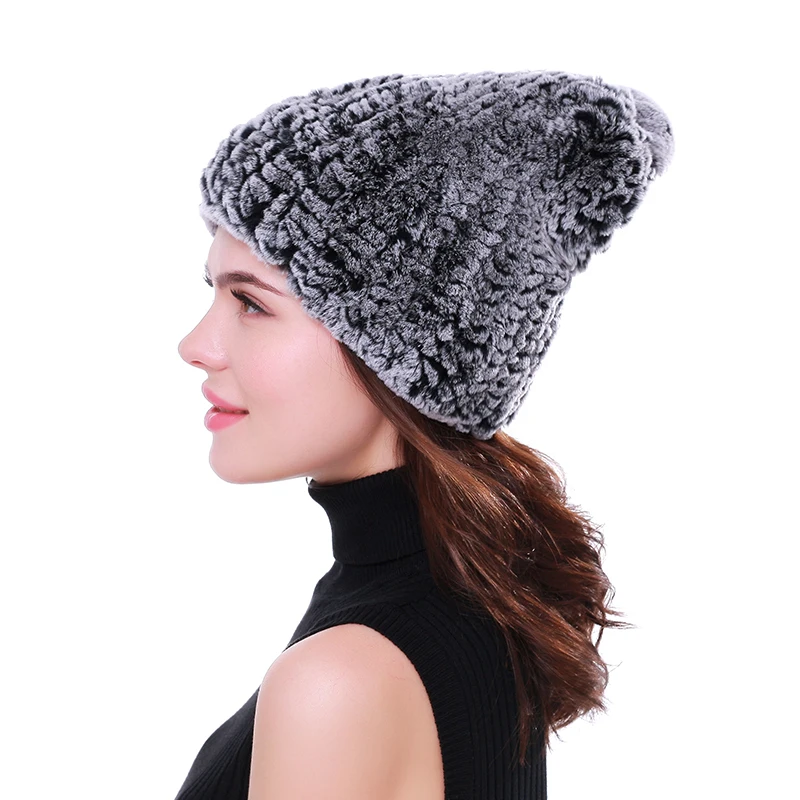 Real rex rabbit fur hat women winter knitted fur beanies cap with fur pom poms new thick female cap Elastic Soft warm