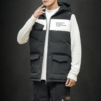 

M-5XL Print Cartoon Thick Mens Vest Sleeveless Jacket Vest For Men Body Warmer Mens Gilet Winter Plus Size Hooded Cotton