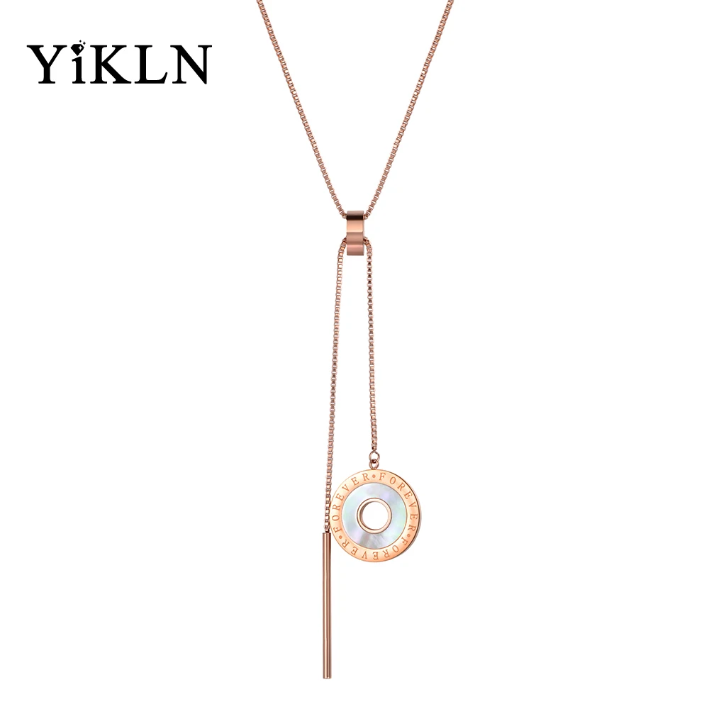

YiKLN Stainless Steel Round Disc Shell Necklace Forever Letter Engraving 26 Inches Rose Gold Pendant Sweater Chain YN18250