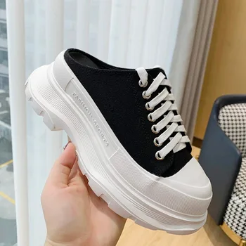 

Designers Women Platform Slippers Fashion Woman 6cm Wedges Shoes Ladies Outside Canvas Casual Slides White Mules 2020 Summer