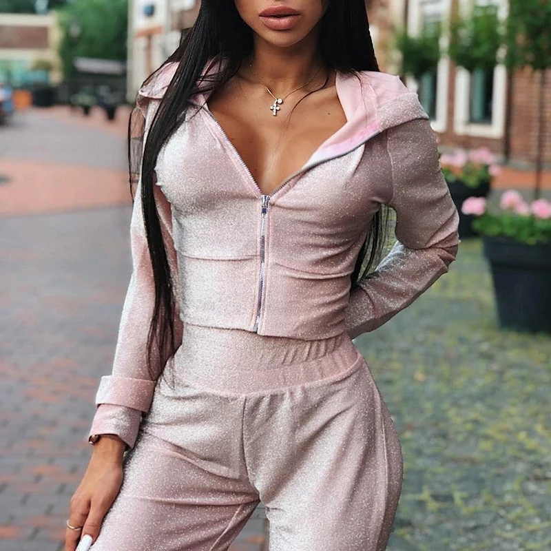 

Silk TWO PIECE SET Jacket Hoodies Crop Top Women Tracksuit Jogger Pants Sweat Suits Runway Sweatshirt Winter Clothing Outfits