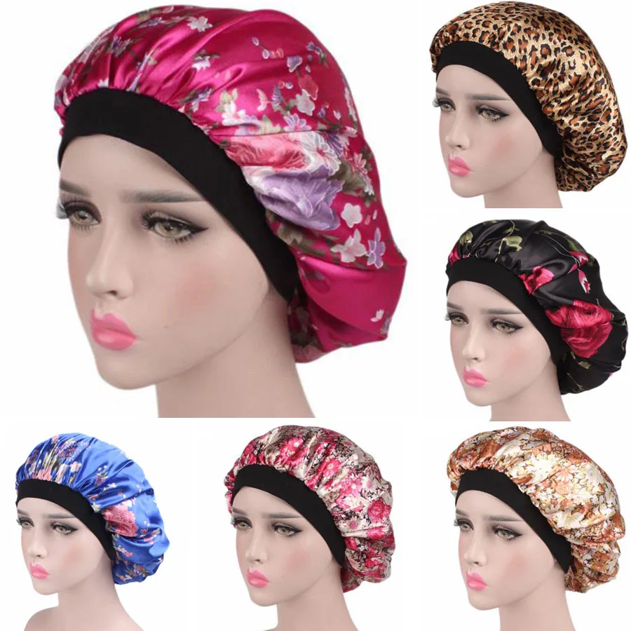 Новая модная женская атласная шапка для ночного сна головной убор шляпа для душа s шелковая Крышка для головы широкая эластичная лента