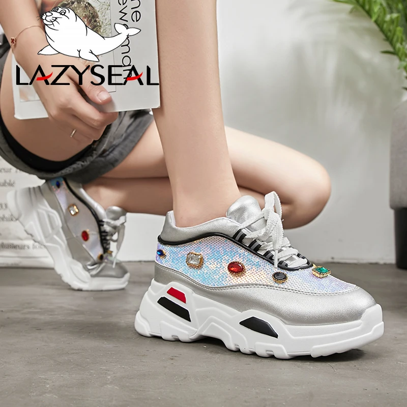 Женские ботильоны с кристаллами LazySeal на толстой подошве круглый носок блестящая