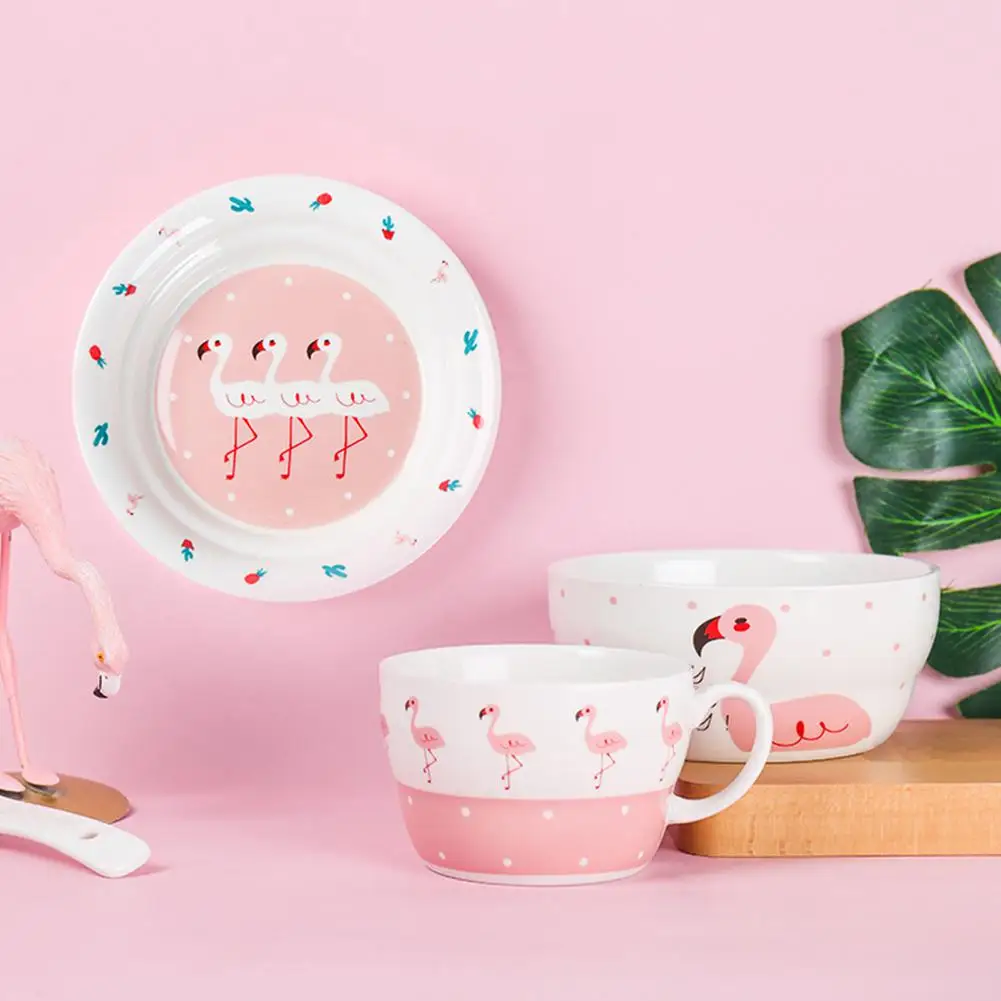 

TPFOCUS 4pcs Kids Flamingo Ceramic Dish Plate Tableware Bowl Cup Dish Spoon for Children Use Kitchen Small Plate Tableware